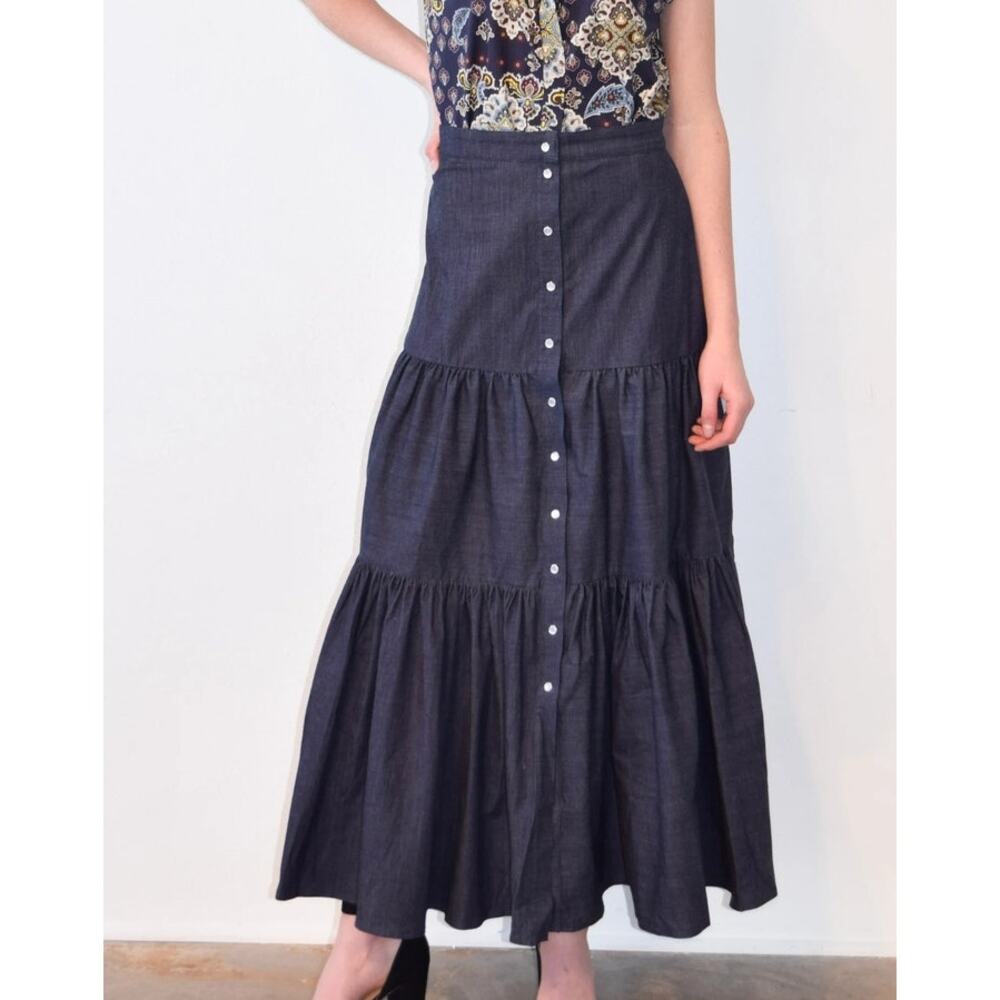 Vintage 80s Silk Tiered Prairie Skirt Black High Waist